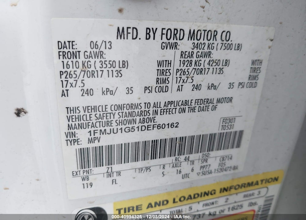 2013 FORD EXPEDITION XL VIN: 1FMJU1G51DEF60162