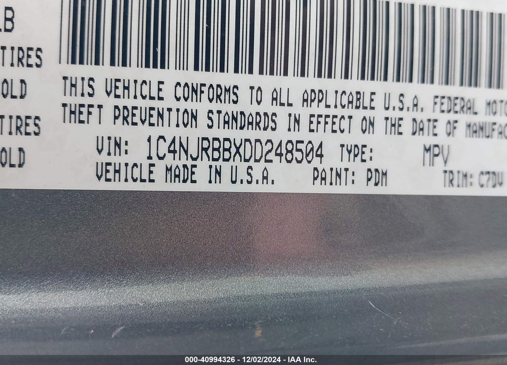 2013 JEEP PATRIOT SPORT VIN: 1C4NJRBBXDD248504