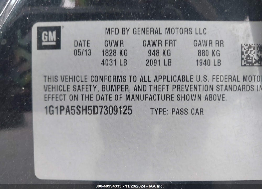 2013 CHEVROLET CRUZE LS AUTO VIN: 1G1PA5SH5D7309125