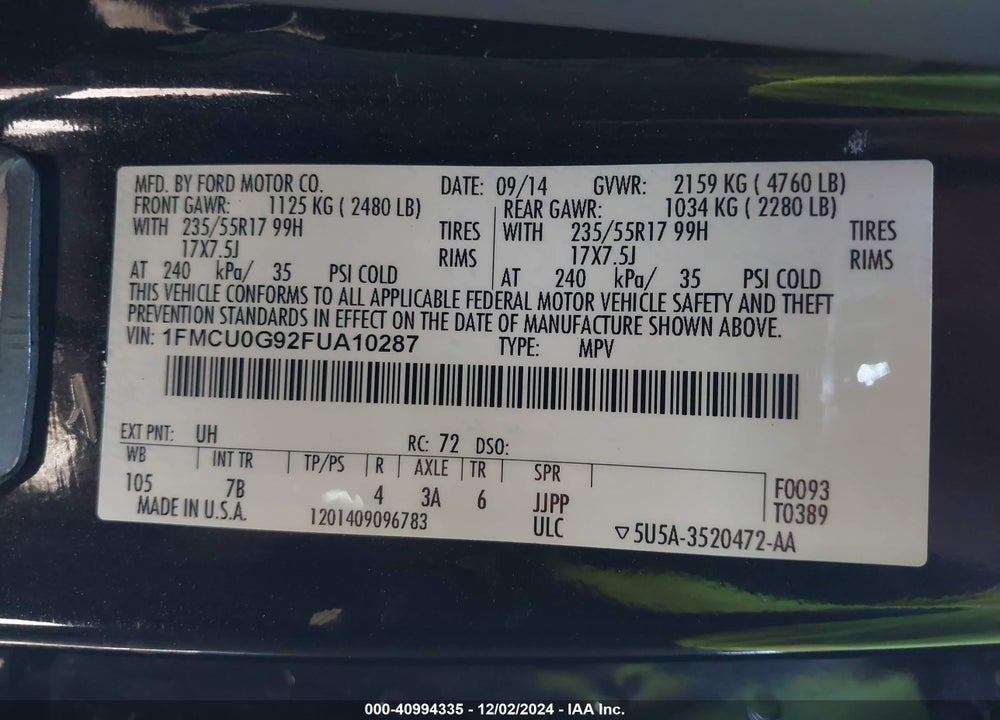 2015 FORD ESCAPE SE VIN: 1FMCU0G92FUA10287