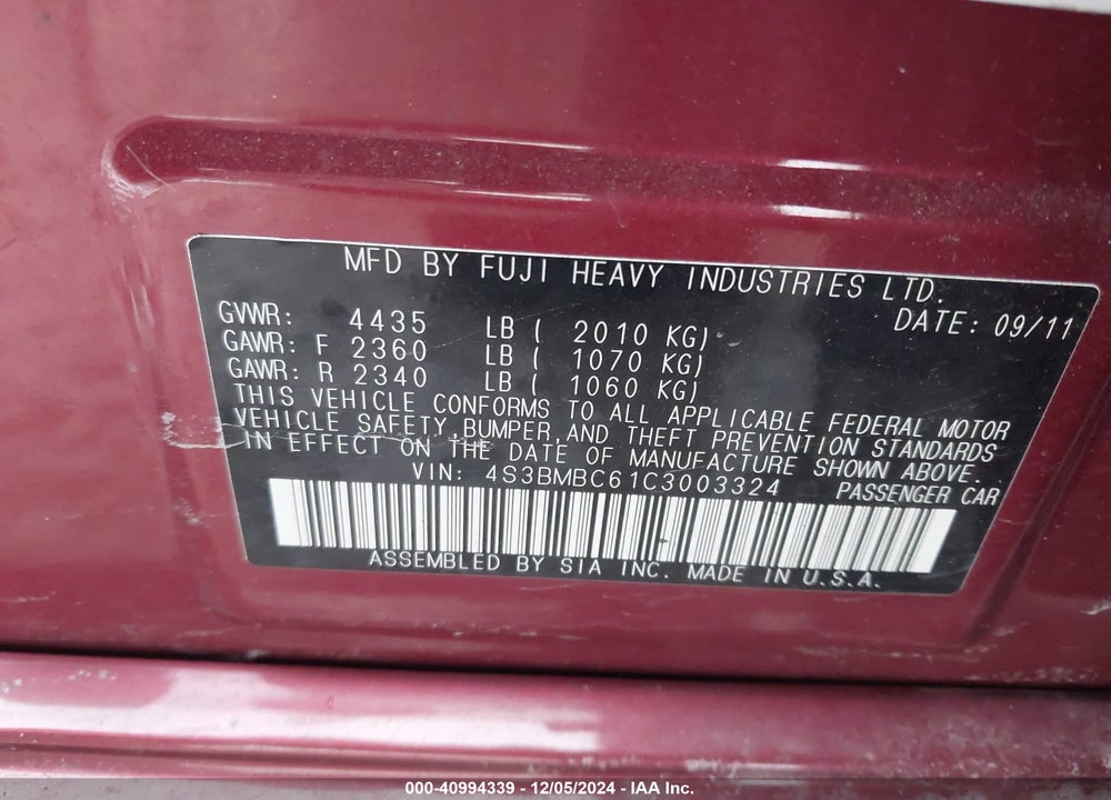 2012 SUBARU LEGACY 2.5I PREMIUM VIN: 4S3BMBC61C3003324
