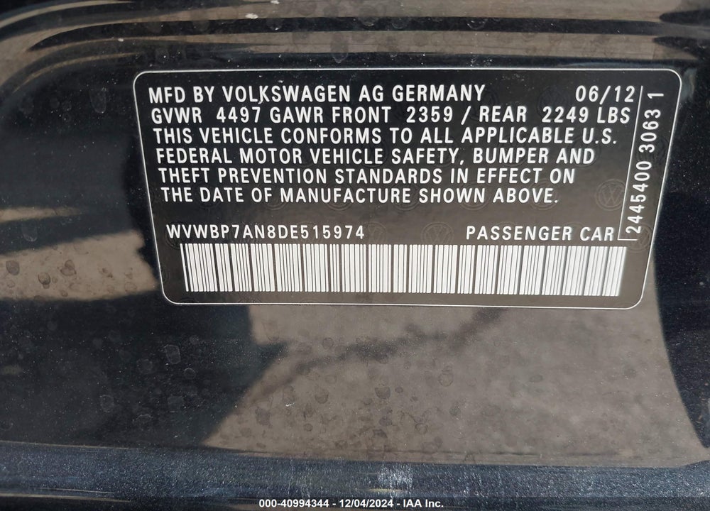 2013 VOLKSWAGEN CC 2.0T SPORT PLUS VIN: WVWBP7AN8DE515974