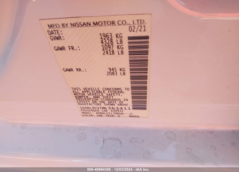 2021 NISSAN ALTIMA VIN: 1N4BL4CV7MN363411