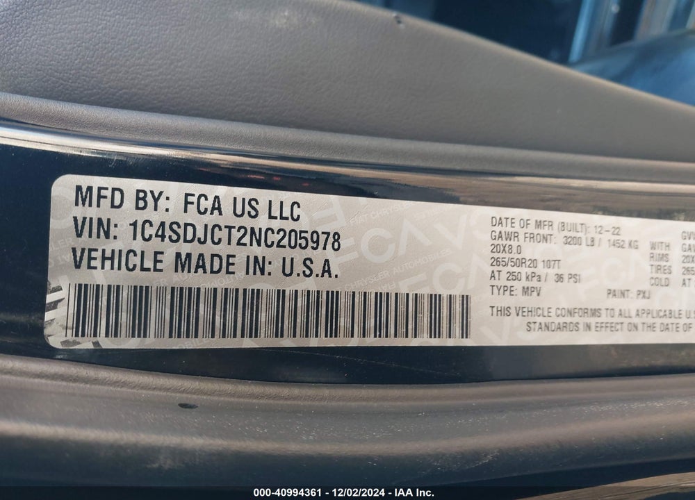 2022 DODGE DURANGO R/T PLUS AWD VIN: 1C4SDJCT2NC205978