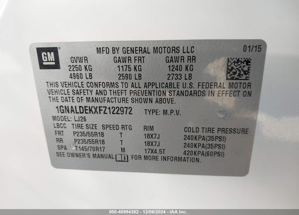 2015 CHEVROLET EQUINOX LTZ VIN: 1GNALDEKXFZ122972