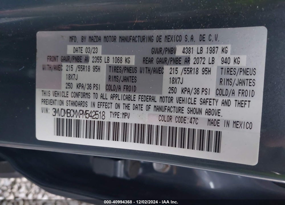 2023 MAZDA CX-30 2.5 S CARBON EDITION VIN: 3MVDMBCMXPM542518