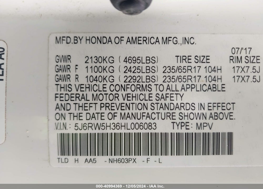 2017 HONDA CR-V LX VIN: 5J6RW5H36HL006083