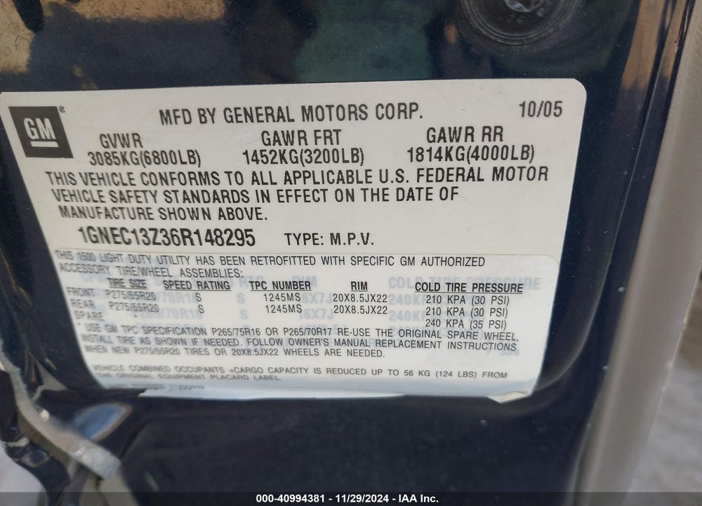 2006 CHEVROLET TAHOE VIN: 1GNEC13Z36R148295