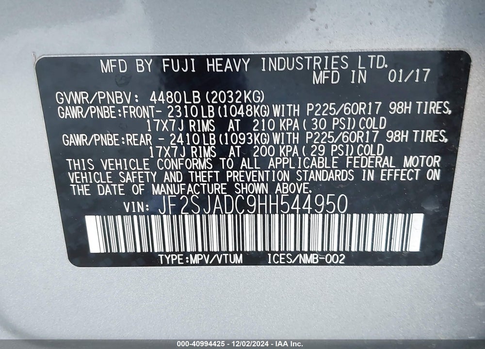 2017 SUBARU FORESTER 2.5I PREMIUM VIN: JF2SJADC9HH544950