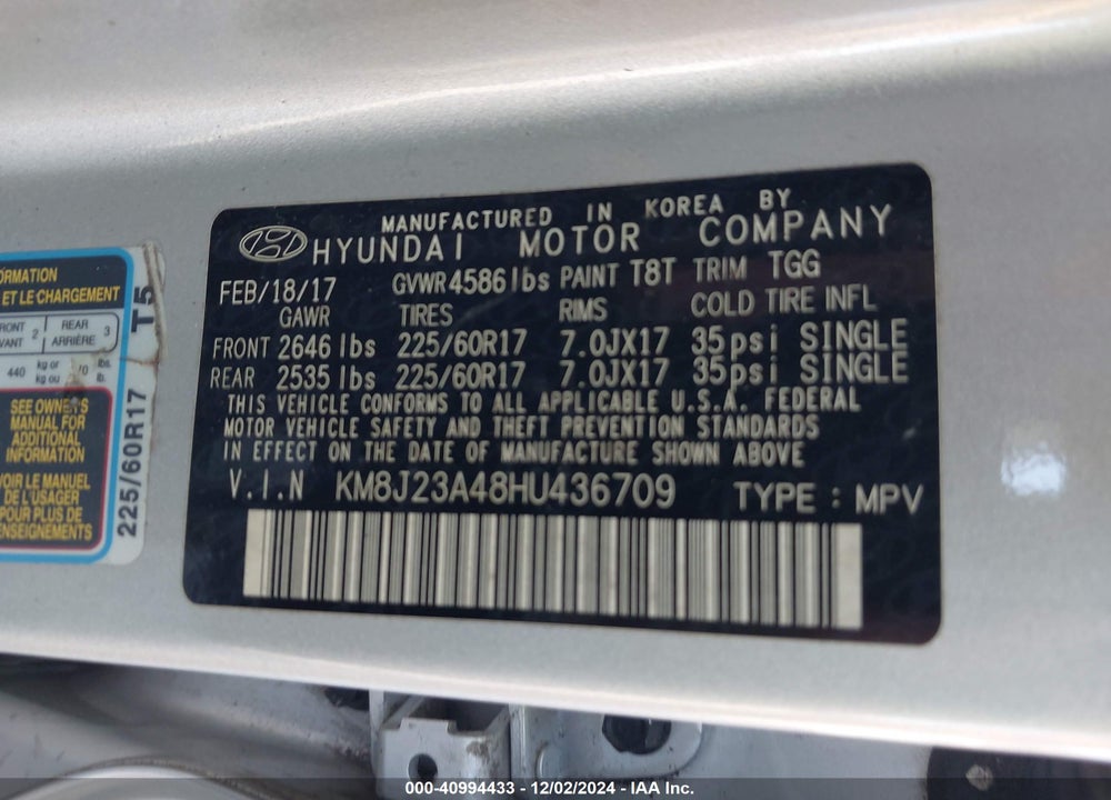 2017 HYUNDAI TUCSON SE VIN: KM8J23A48HU436709