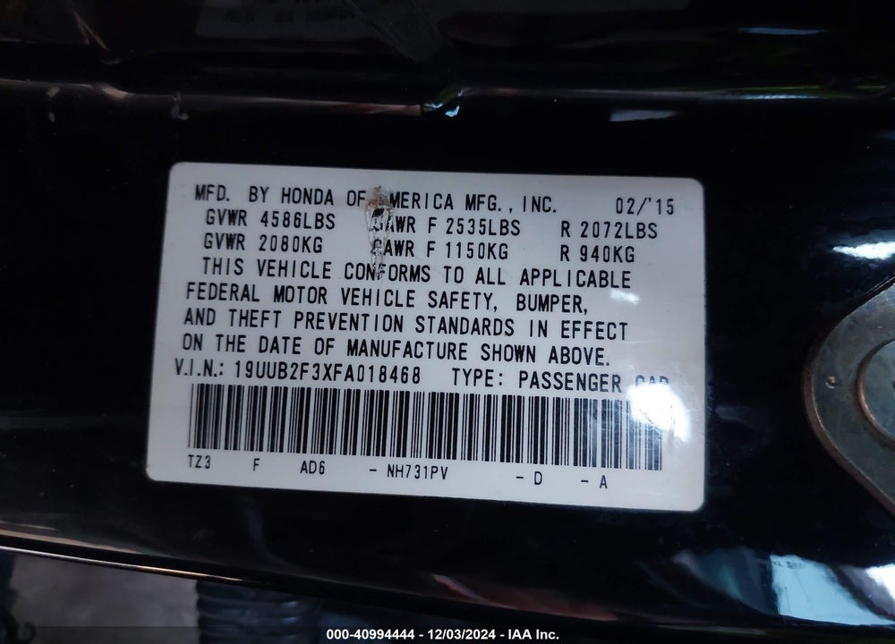 2015 ACURA TLX V6 VIN: 19UUB2F3XFA018468