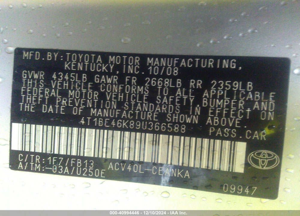 2009 TOYOTA CAMRY LE VIN: 4T1BE46K89U366588