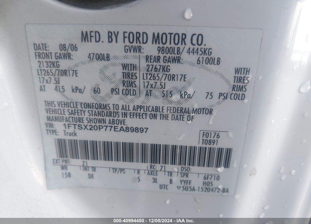 2007 FORD F-250 LARIAT/XL/XLT VIN: 1FTSX20P77EA89897