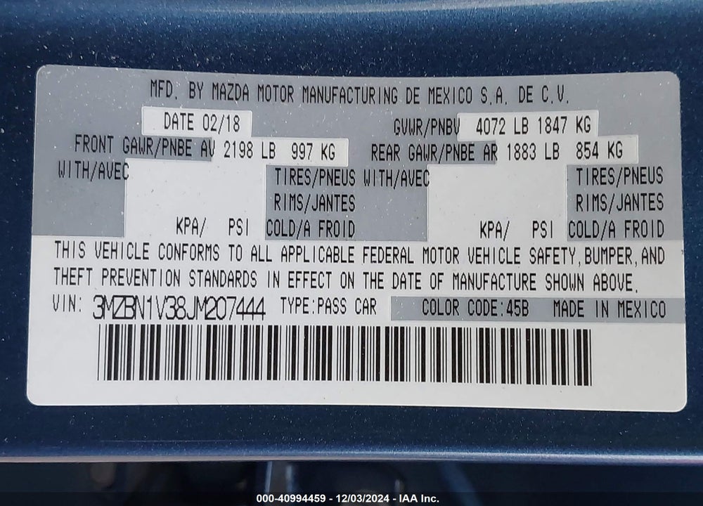 2018 MAZDA 3 TOURING VIN: 3MZBN1V38JM207444