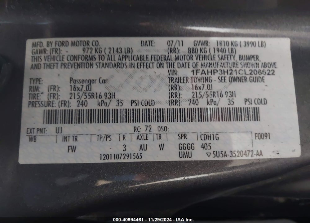 2012 FORD FOCUS SEL VIN: 1FAHP3H21CL206622