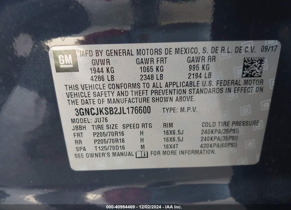 2018 CHEVROLET TRAX LS VIN: 3GNCJKSB2JL176600