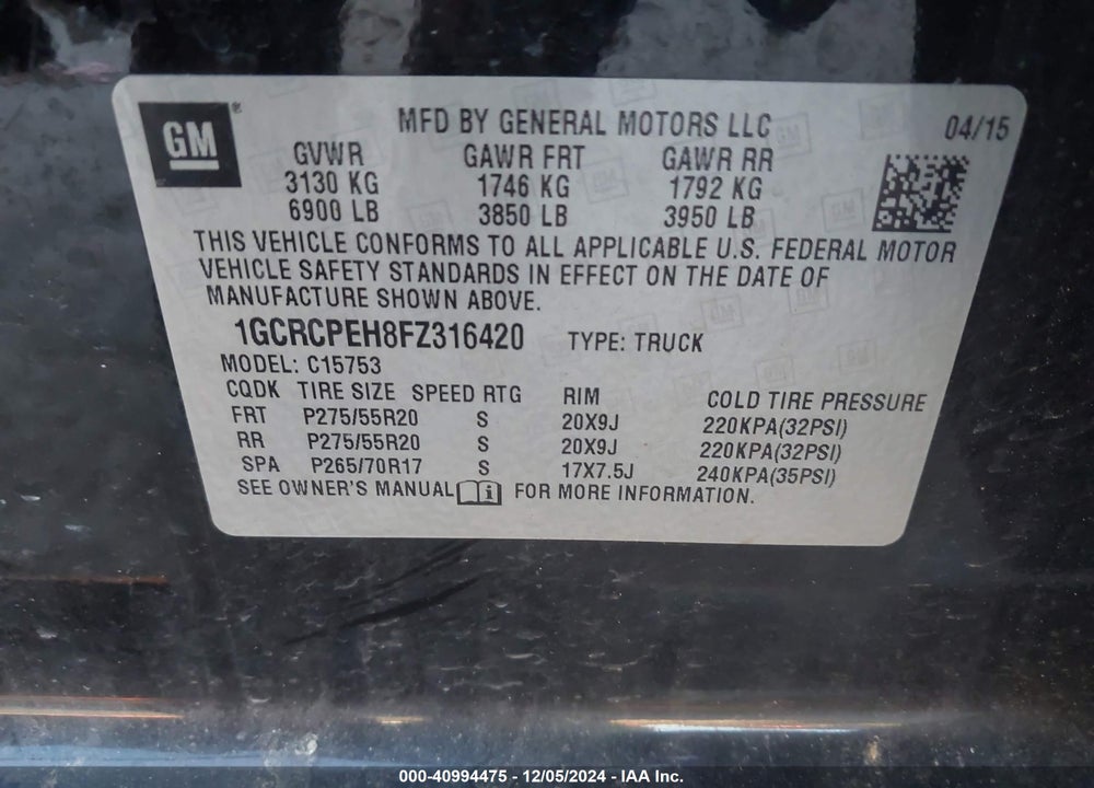 2015 CHEVROLET SILVERADO 1500 LS VIN: 1GCRCPEH8FZ316420