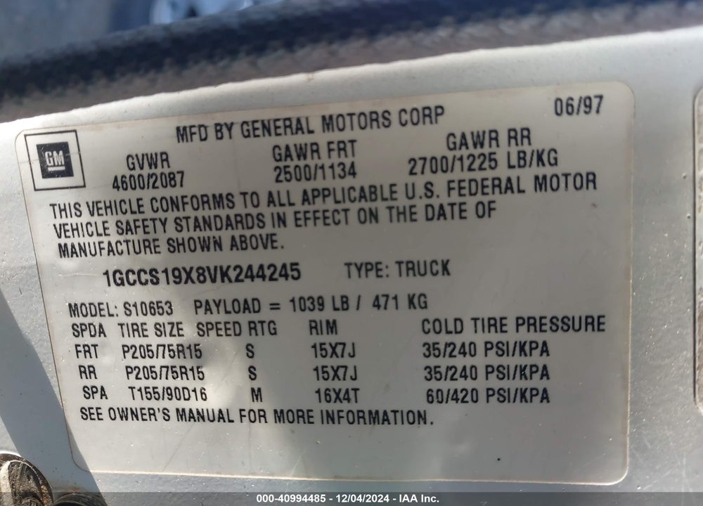 1997 CHEVROLET S-10 LS FLEETSIDE VIN: 1GCCS19X8VK244245
