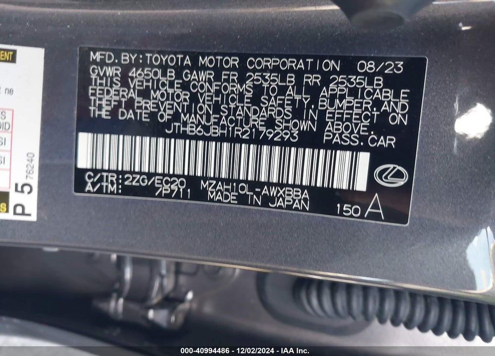 2024 LEXUS UX 250H F SPORT DESIGN VIN: JTHB6JBH1R2179293
