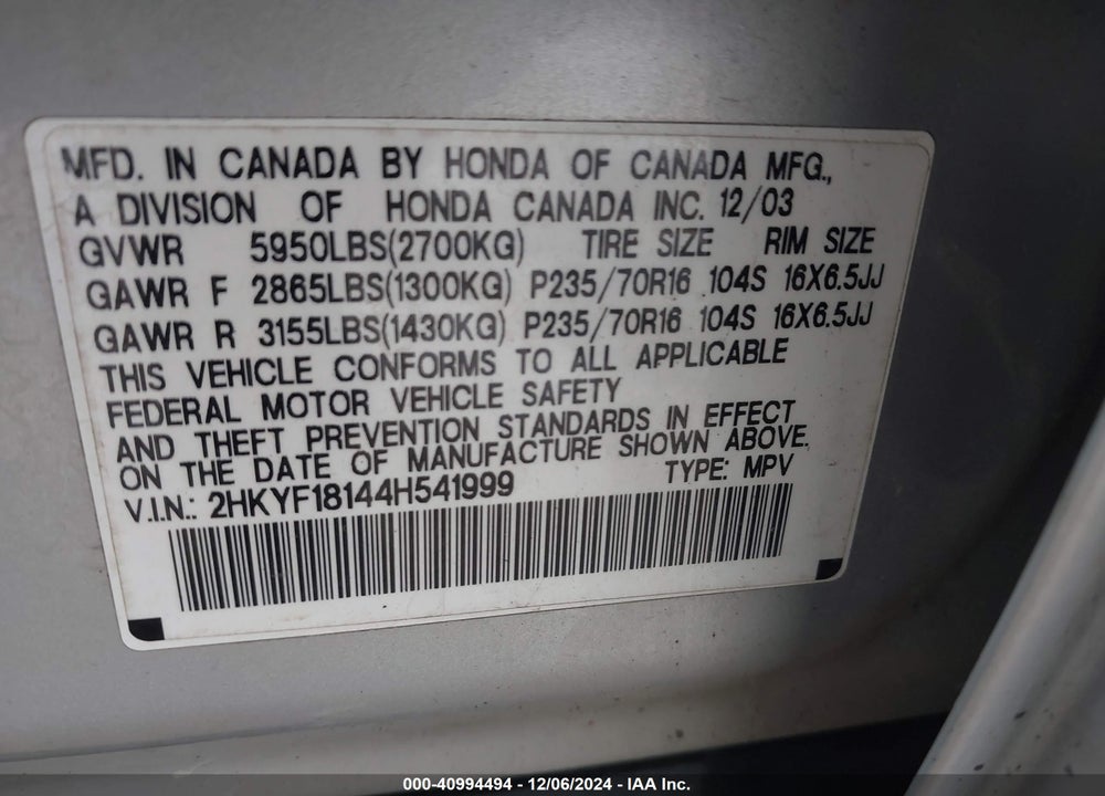 2004 HONDA PILOT LX VIN: 2HKYF18144H541999