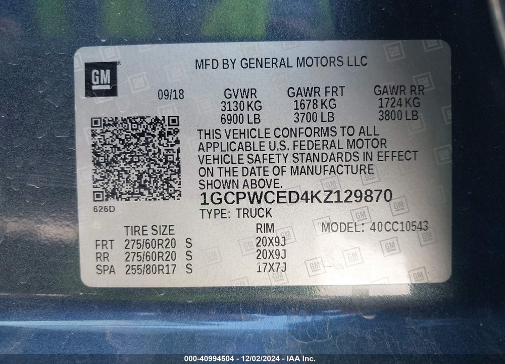 2019 CHEVROLET SILVERADO VIN: 1GCPWCED4KZ129870