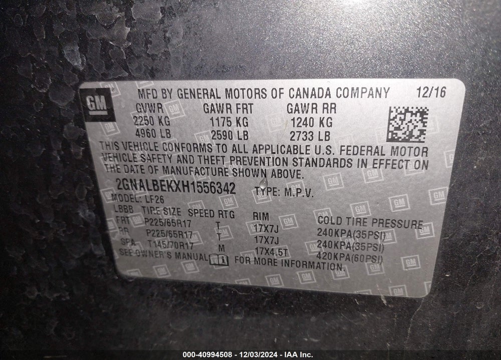 2017 CHEVROLET EQUINOX LS VIN: 2GNALBEKXH1556342