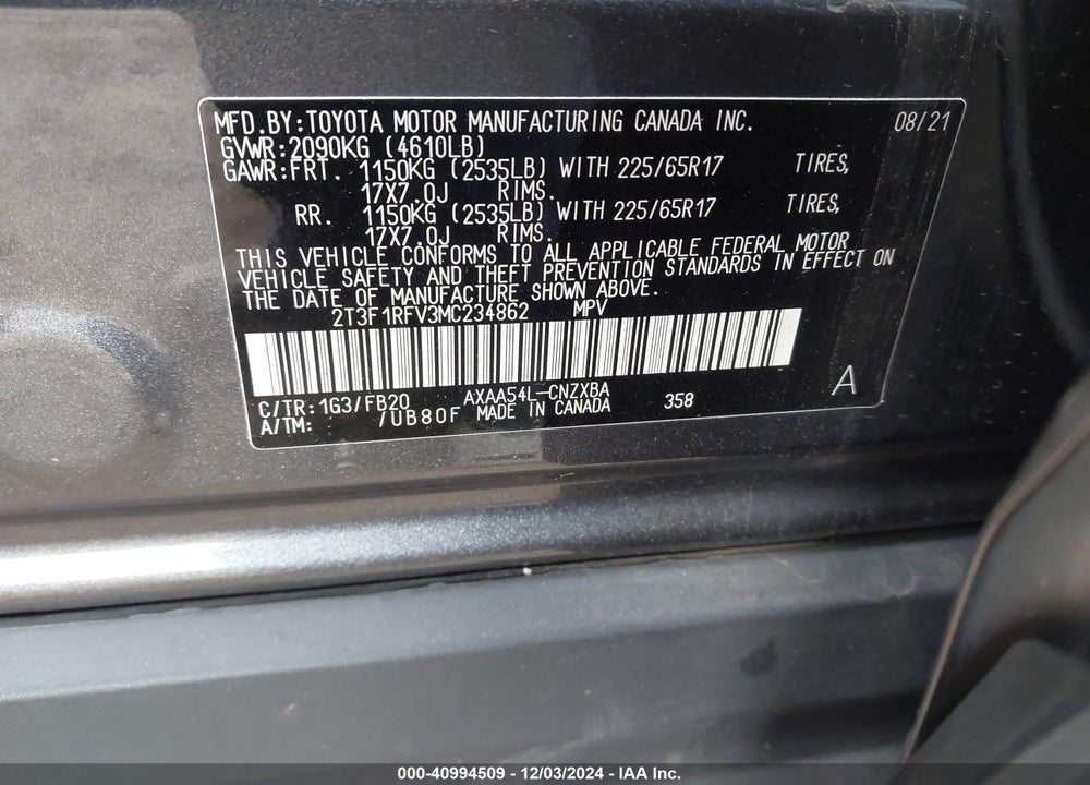 2021 TOYOTA RAV4 LE VIN: 2T3F1RFV3MC234862