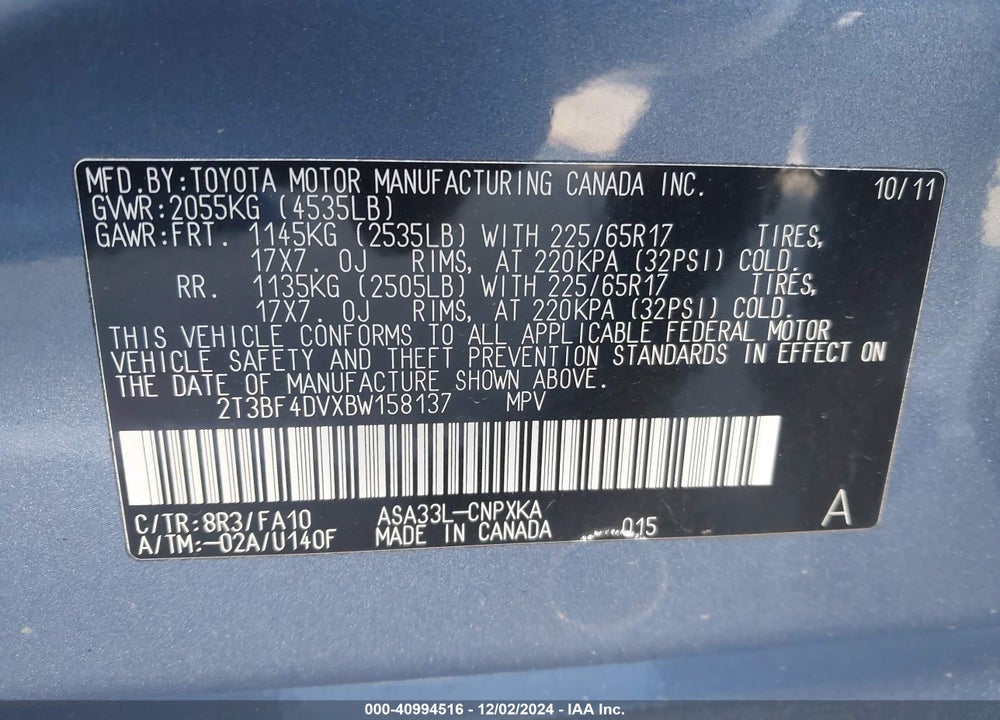 2011 TOYOTA RAV4 VIN: 2T3BF4DVXBW158137