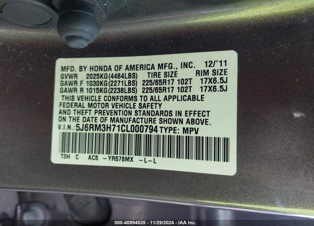 2012 HONDA CR-V EX-L VIN: 5J6RM3H71CL000794
