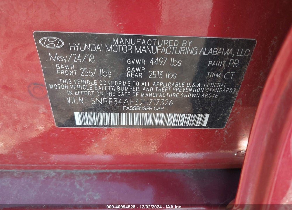2018 HYUNDAI SONATA SPORT VIN: 5NPE34AF3JH717326