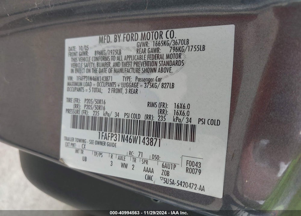 2006 FORD FOCUS ZX3 VIN: 1FAFP31N46W143871