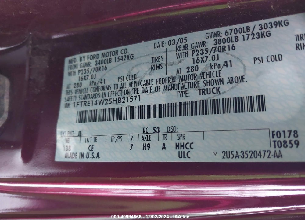2005 FORD E-150 COMMERCIAL/RECREATIONAL VIN: 1FTRE14W25HB21571