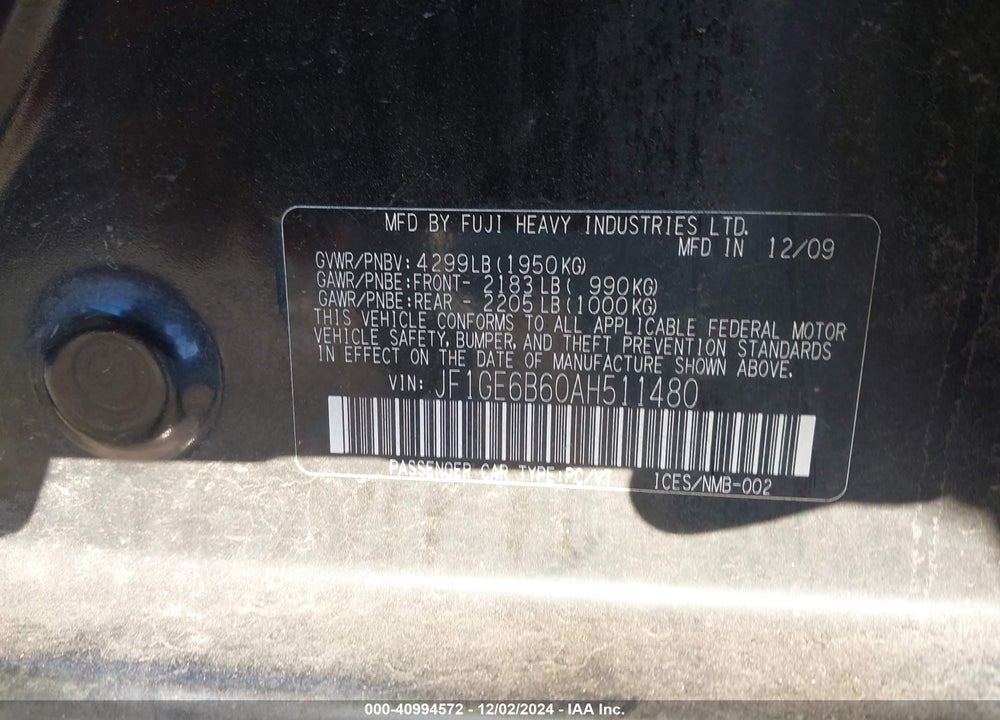 2010 SUBARU IMPREZA 2.5I PREMIUM VIN: JF1GE6B60AH511480