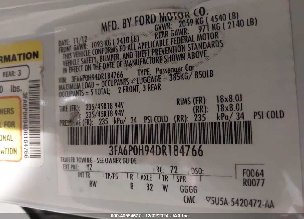 2013 FORD FUSION SE VIN: 3FA6P0H94DR184766