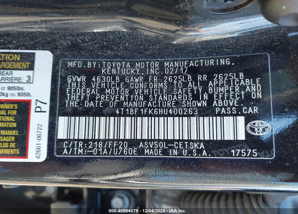 2017 TOYOTA CAMRY SE VIN: 4T1BF1FK6HU400263