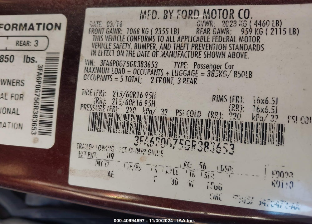 2016 FORD FUSION VIN: 3FA6P0G75GR383653