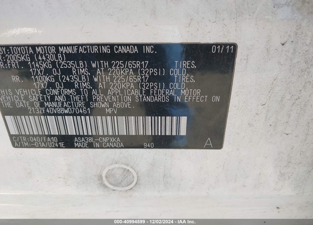 2011 TOYOTA RAV4 VIN: 2T3ZF4DV8BW070461