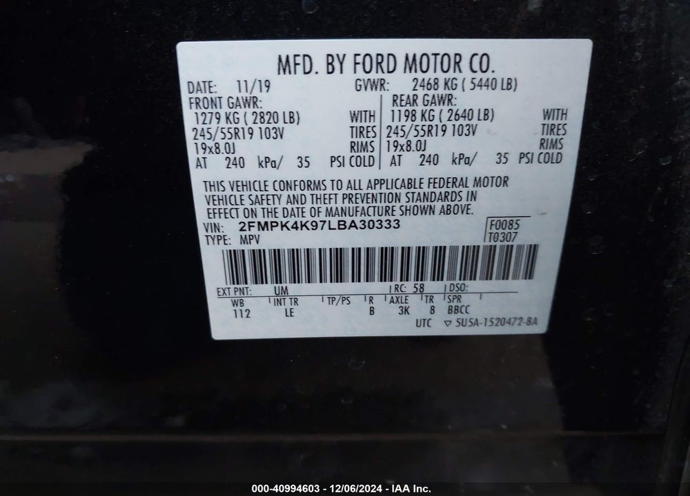 2020 FORD EDGE TITANIUM VIN: 2FMPK4K97LBA30333