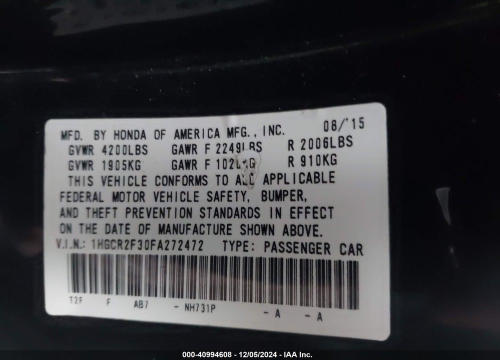 2015 HONDA ACCORD LX VIN: 1HGCR2F30FA272472