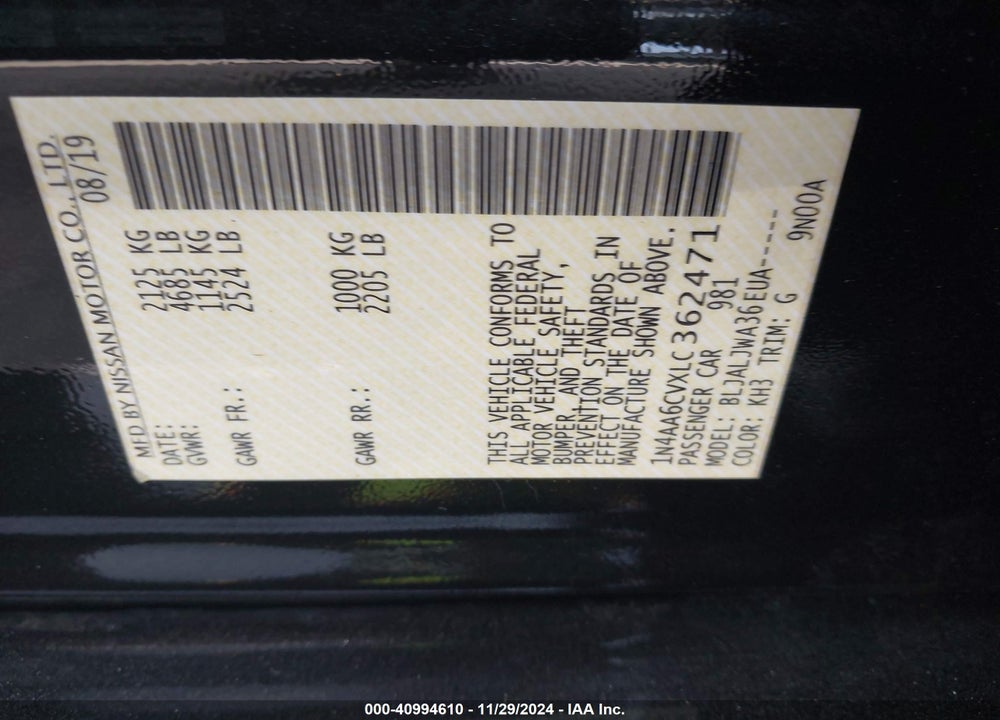 2020 NISSAN MAXIMA SV XTRONIC CVT VIN: 1N4AA6CVXLC362471