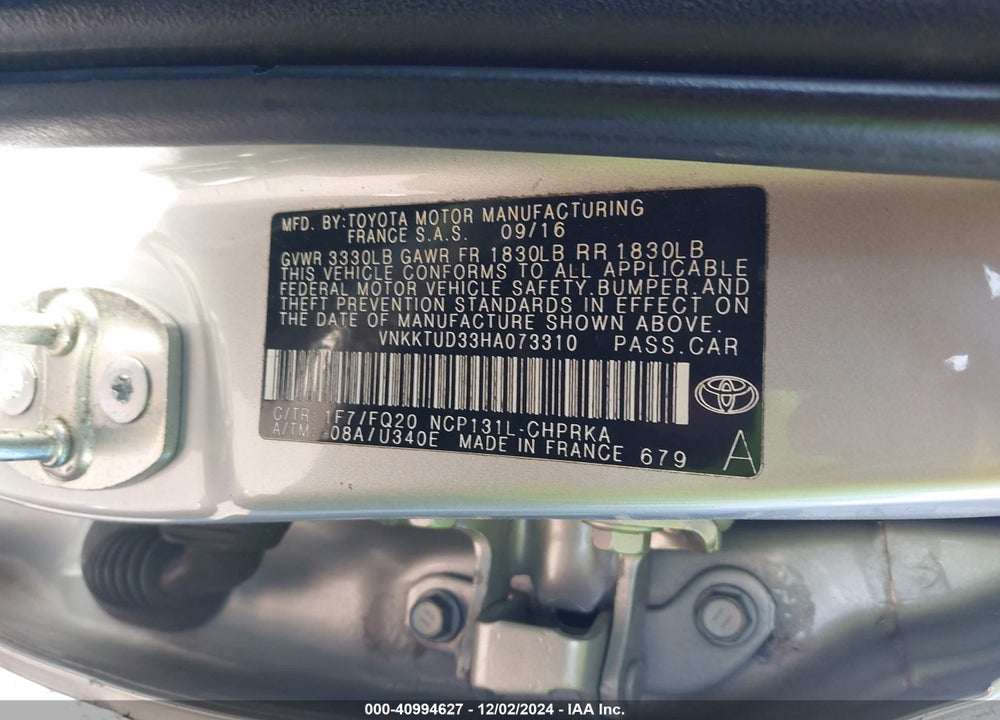 2017 TOYOTA YARIS L VIN: VNKKTUD33HA073310