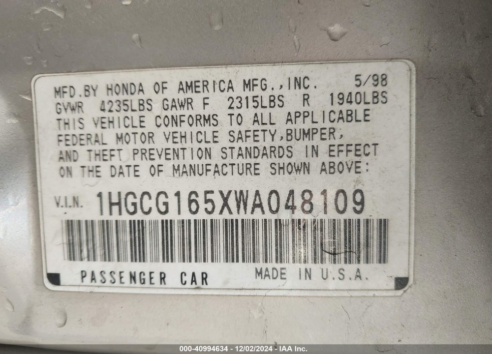 1998 HONDA ACCORD EX V6 VIN: 1HGCG165XWA048109