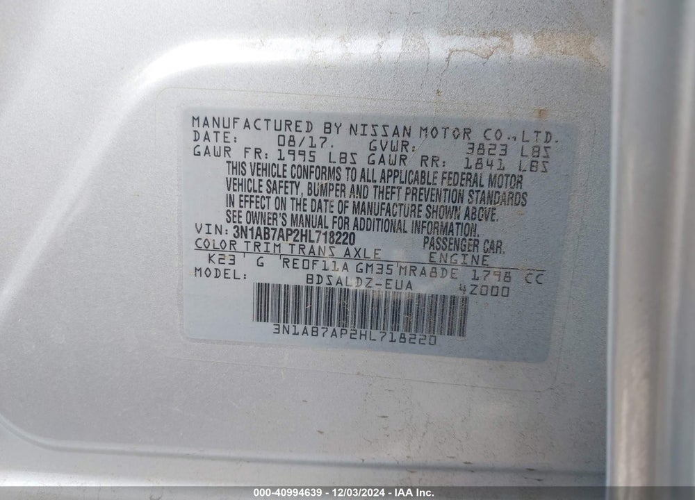 2017 NISSAN SENTRA SV VIN: 3N1AB7AP2HL718220