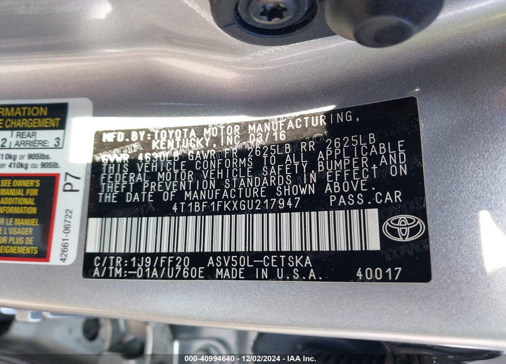 2016 TOYOTA CAMRY SE VIN: 4T1BF1FKXGU217947