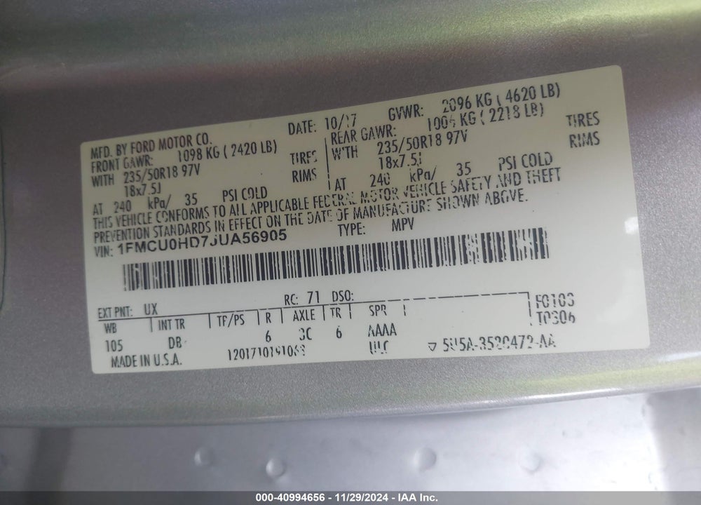 2018 FORD ESCAPE SEL VIN: 1FMCU0HD7JUA56905