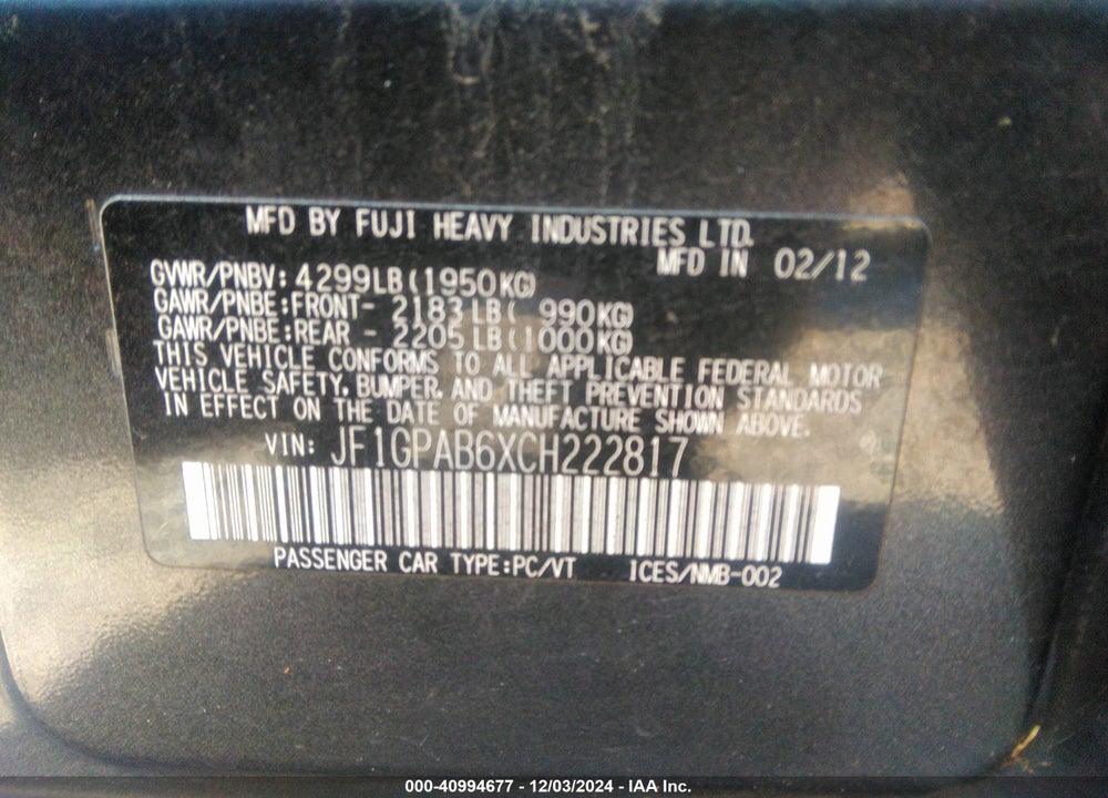 2012 SUBARU IMPREZA 2.0I PREMIUM VIN: JF1GPAB6XCH222817