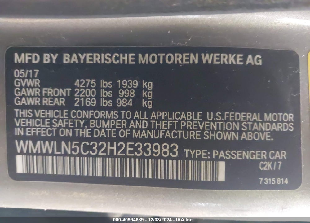 2017 MINI CLUBMAN COOPER VIN: WMWLN5C32H2E33983