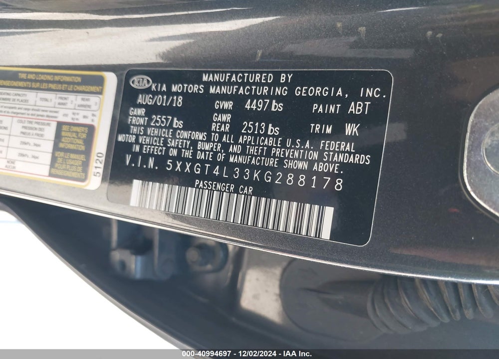 2019 KIA OPTIMA LX VIN: 5XXGT4L33KG288178