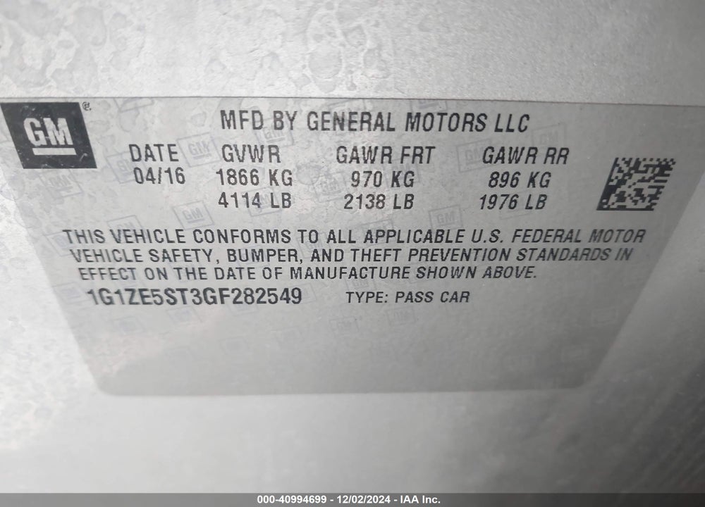 2016 CHEVROLET MALIBU 1LT VIN: 1G1ZE5ST3GF282549