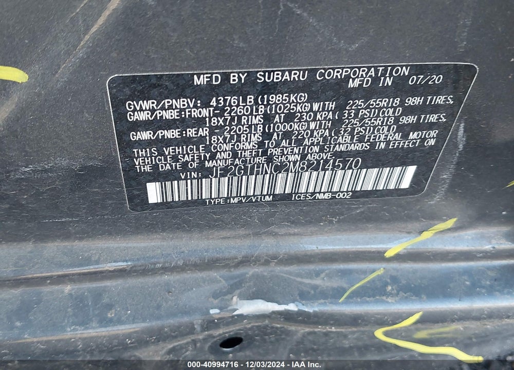 2021 SUBARU CROSSTREK LIMITED VIN: JF2GTHNC2M8214570
